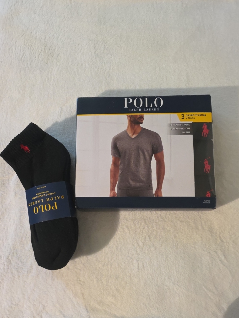 Polo by Ralph Lauren Men's Black and Red V-Neck Undershirt Pack/ 6 Pack Socks